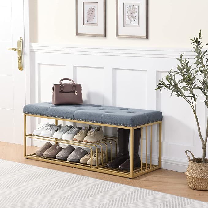 Upholstered Shoe Storage Bench-Nailhead Trim Linen Ottoman Bench with Shoes Rack for End of Bed Entryway Window Bedroom Living Mudroom Room,Blue
