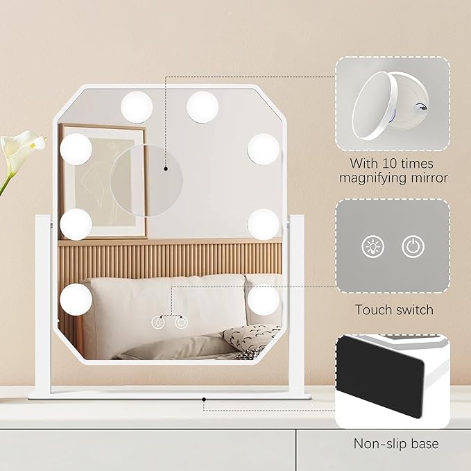 Hollywood Vanity Mirror with Lights, 3 Color Modes LED Bulbs, 5X Detachable Magnifying Mirror, Smart Touch Control, Tabletop Makeup Mirror for Bedroom & Dressing Room, for Her (White)