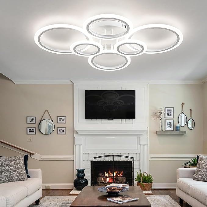 60W Modern LED Ceiling Light Fixture, Dimmable LED Chandelier Flush Mount Ceiling Lights Remote Control 6 Acrylic Ring Ceiling Lamp Fixture for Living Room Dining Room Bedroom, 7640LM