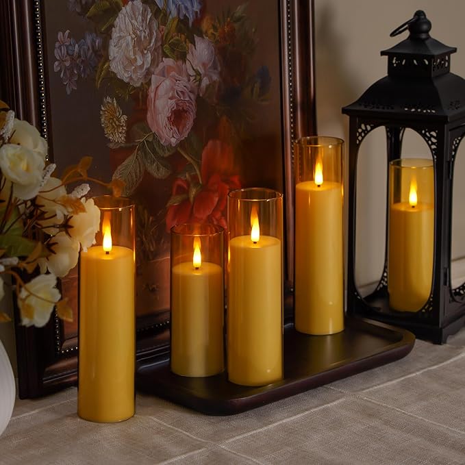Acrylic Flameless Flickering Candles with Remote Control and Timer, Battery Operated LED Fake 2.2" x 5",6",7",8",8" Plastic Pillar Candles for Home Decor(Long-Lasting, Gold)