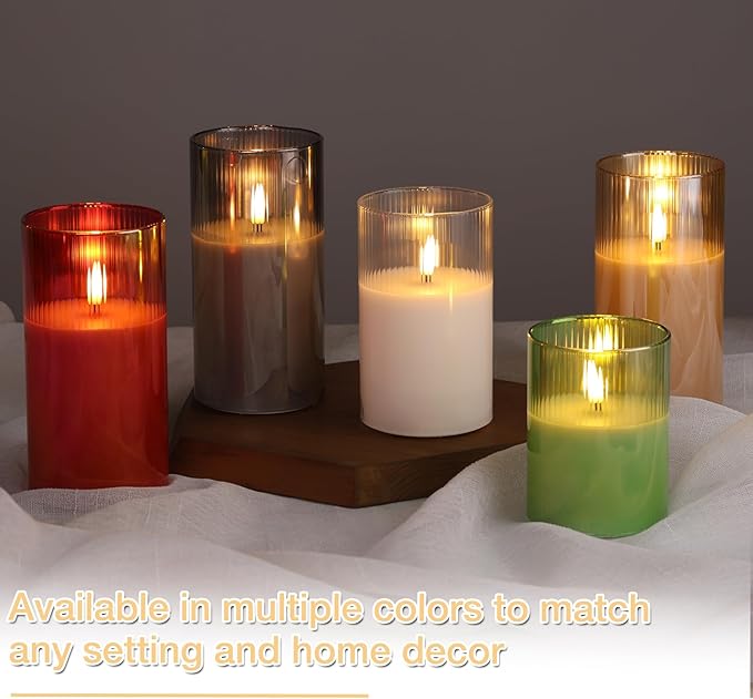 Eywamage Gold Ribbed Glass Flameless Pillar Candles with Remote, Flickering LED Wax Candles Battery Operated Set of 3
