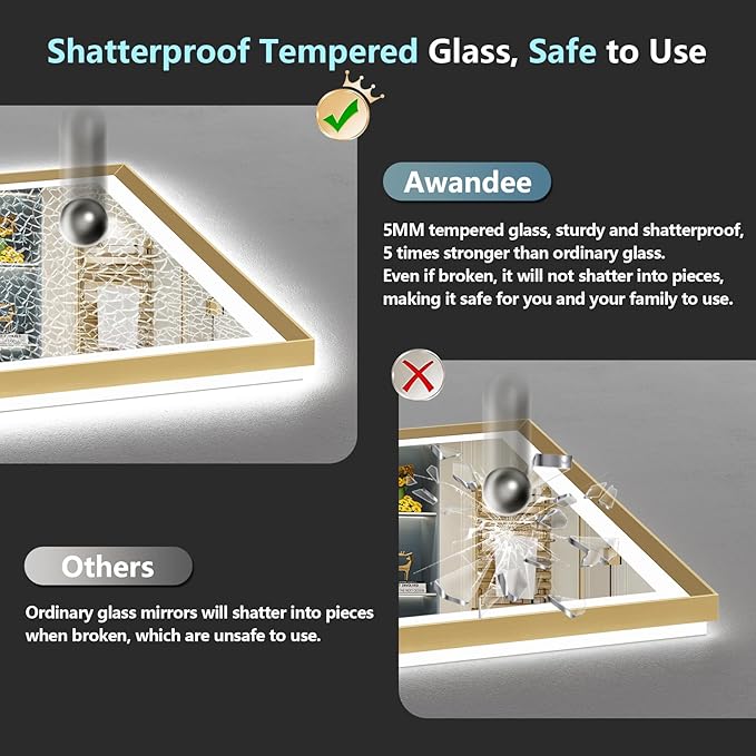 77x36 Gold Beveled LED Bathroom Mirror with Lights, Brushed Gold Framed Backlit and Front Lit Anti-Fog Lighted Vanity Mirrors for Bathroom Wall, Dimmable, 3 Colors, Memory, HD Tempered Glass