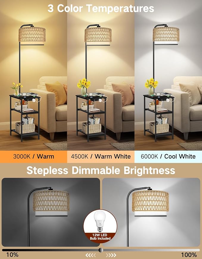 Floor Lamp with Table & Rattan Shade, Side End Table with Charging Station, Dimmable Nightstand with 3 Color Temperatures, 1-Hour Timer, 12W LED Bulb, for Living Room, Bedroom(Black)