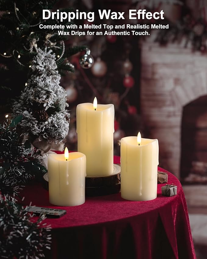 Ivory Flameless Candles with Remote and Timer, Real Wax Made Wax Drip LED Pillar Candles Battery Operated with 3D Flickering Flame Melted Top - 3" x 4",5",6" - Set of 3