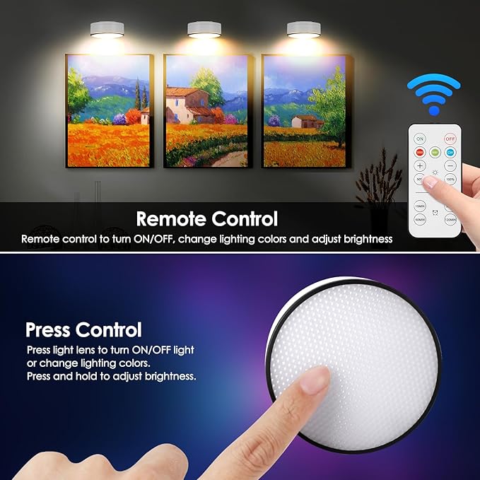 3Pcs Battery Picture Lights, Remote Painting Light for Art Disaplay,Magnetic Wall Picture Light Up/Down Light,Dimmable & Timer, 200LM 3 Lighting for Gallery Dartboard Frame Pictures