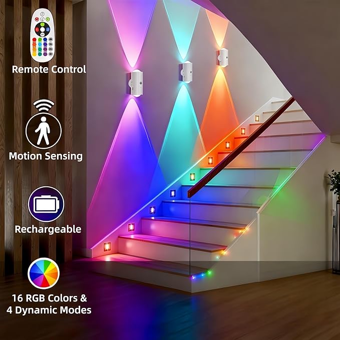 4 Pack Rechargeable Dynamic RGB LED Wall Lamp, Motion-Sensing Step Lights with Remote Control, 1200mAh Battery, Dimmable, Magnetic Mount for Staircase, Hallway, Bedroom, Kitchen, Bar