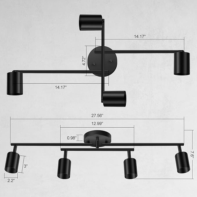 BoostArea 4 Light Track Lighting Kit, Black 4 Way Ceiling Spot Lighting, Center Swivel Track Light Heads, Flexibly Rotatable Light Head for Kitchen, Living Room, Bedroom, GU10 Bulb Not Included