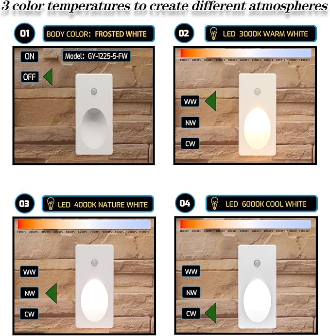 Inductive Step Lights, With Adjustable Color Temperature (2700k/4000k/6000k), 3w, Recessed Installation/Suitable For Stairs, Corridors, Aisles, Bedrooms, Glare-Free, Aluminum Casing (Frosted White)
