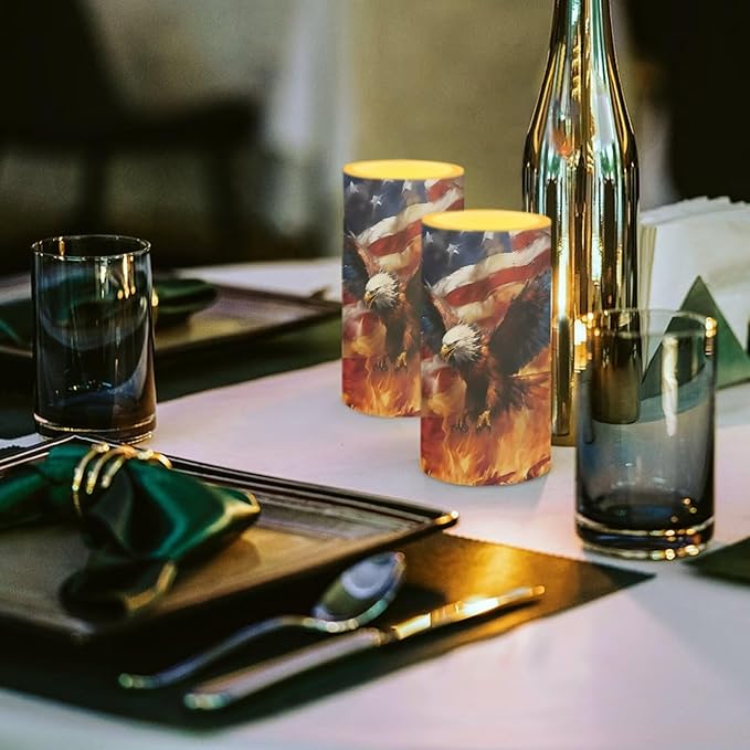 Eagle Flag Flameless Candles 2 Pack 6 x 3 inch Veterans Day USA Flag Battery Operated Candles with Multicolor Timer Remote Control LED Fake Candles for Warm Light Dinner Table Home Decor