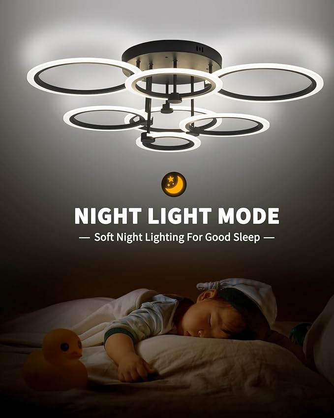Modern LED Ceiling Light 7 Rings Dimmable Fixtures with Remote Black Close to Ceiling Light 31.8" 130W 3000K-6500K Flush Mount Ceiling Lamp for Living Room,Bedroom,Kitchen