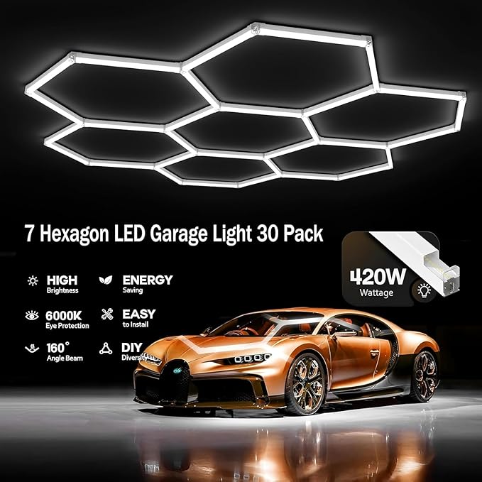31-Lights LED Hexagon Honeycomb Shop Light, 48,800 Lumens Super Bright 7-Hex DIY Ceiling Light, 488W Garage Lighting for Car Detailing, Workshop, Warehouse, Gym, Basement