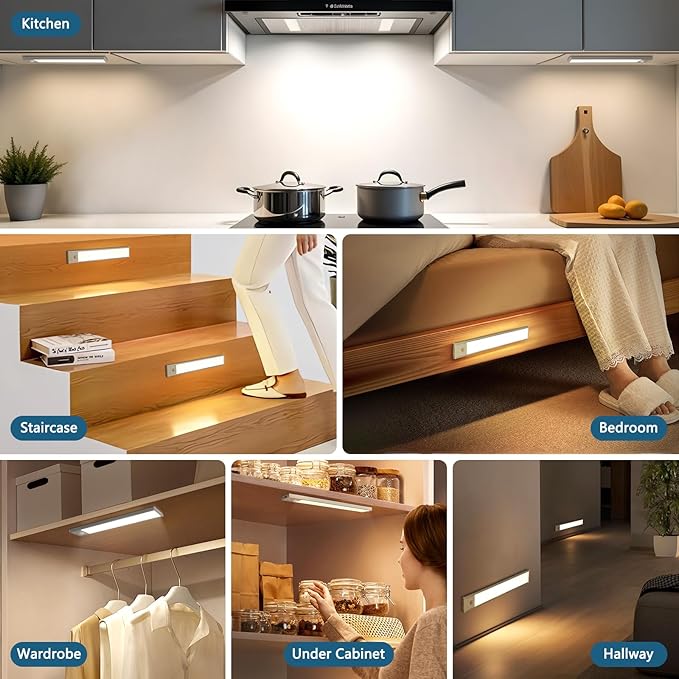 Ascher 10.2inch Under Cabinet Lights, 2000mAh Rechargeable Motion Sensor Light indoor, 3 Color Temperatures & Stepless Dimmable Closet Lights, Magnetic Under Counter Light for Kitchen, Silver - 2 Pack