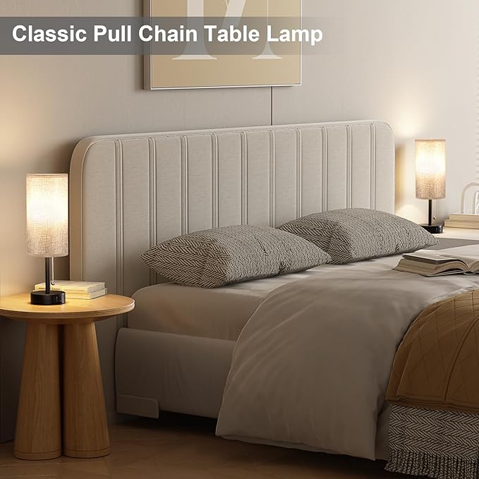 Grey Bedside Lamps for Bedroom Set of 2 - Nightstand Table Lamp with USB A + C Charging Port, 3 Color Temperatures Pull Chain Night Stand Light, Side Table Desk Reading Lamp for Living Room/Dorm Room