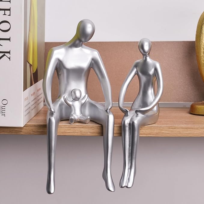 Quoowiit Bookshelf Decor Family Statue, Abstract Miniature Figurines Home Decor, Modern Aesthetic Shelf Decorations for Office Desk Table Desk Living Room Book Shelf Bedroom Entry Set of 3 - Silver