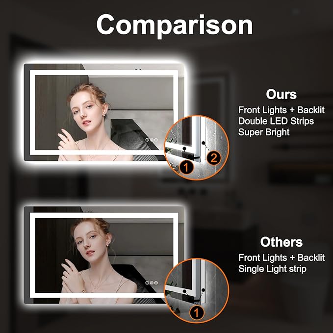 LED Mirror for Bathroom 48x30 Lighted Bathroom Vanity Mirrors with Lights, Brighter Frontlit and Backlit Anti-Fog Mirror, Tempered Glass, Dimmable 3 Colors Light Modes, Memory Function