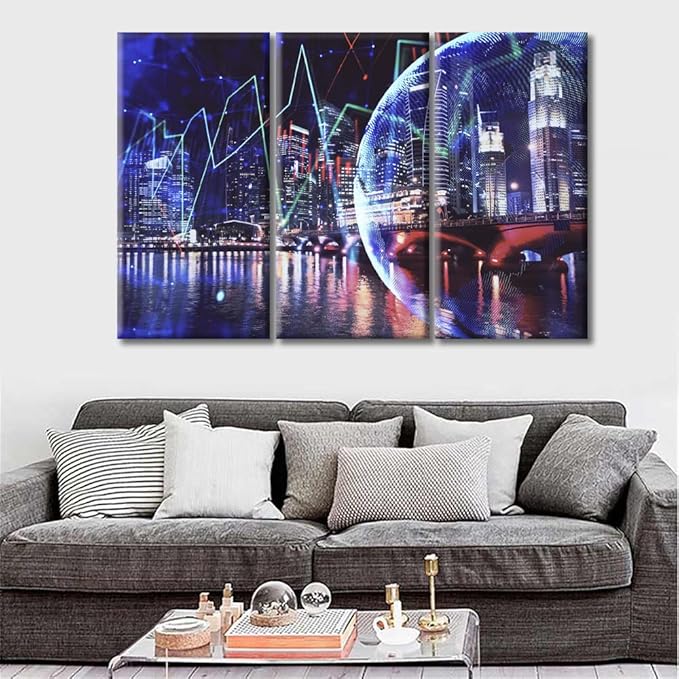 Modern Canvas Business and Financial Concept Pictures Home Decor Posters and Prints 3 Pieces Trading Graph on the Cityscape at Night Background Wall Art for Living Room Ready to Hang (36"Wx24"H)