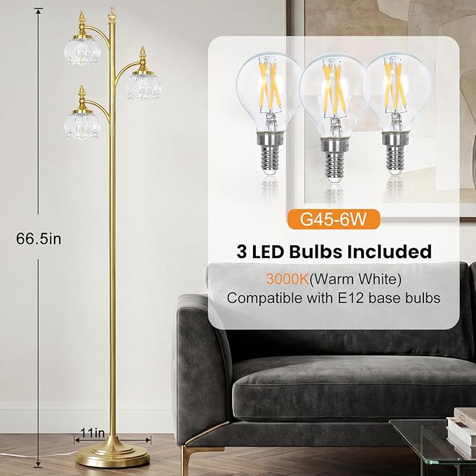 Floor Lamp Gold Glass Brass 66.5in Tall Standing Lamp for Living Room with 3 Brightness Lights Vintage Tree Flower Lamp for Bedroom Office(3LED Bulbs Included)