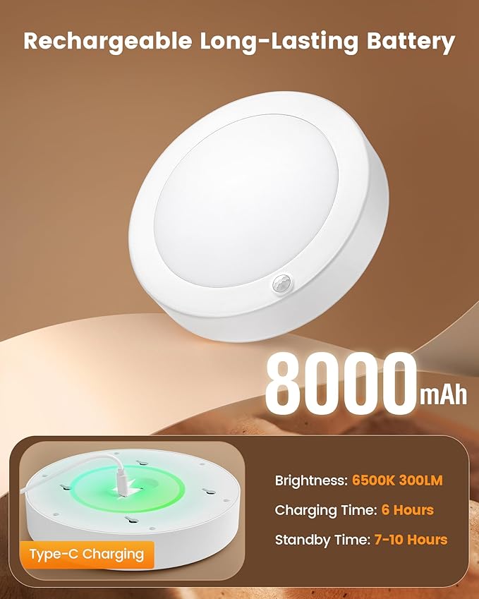 SURAIELEC Rechargeable Ceiling Light with Wall Switch, 8000mAh Battery Ceiling Light Indoor, Wall Switch Remote or Motion Sensor, 6500K 300LM, Battery Lights No Wiring for Shed, Pantry, Closet, 1-Pack