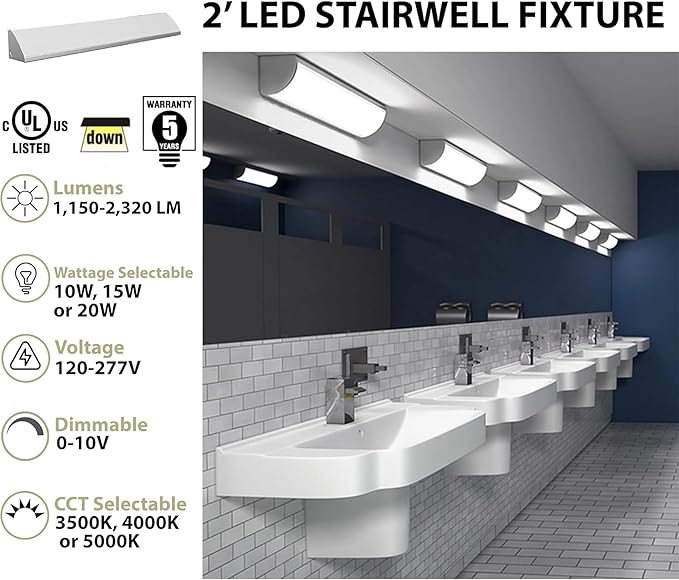WareLight LED Stairwell & Corridor Light – 4600 Lumen Max, Wattage & CCT Selectable, 4-Foot Wall Mount Lighting Fixture for Commercial & Residential Use, 120-277V, White