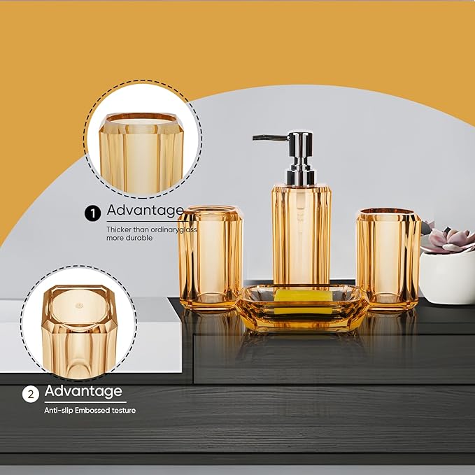 4-Piece Elegant Champagne Gold Bathroom Accessories Set — Soap Dispenser, Soap Dish, Mouthwash Cup & Toothbrush Holder, Glossy Acrylic with Champagne Accent, Vanity Countertop Organizer