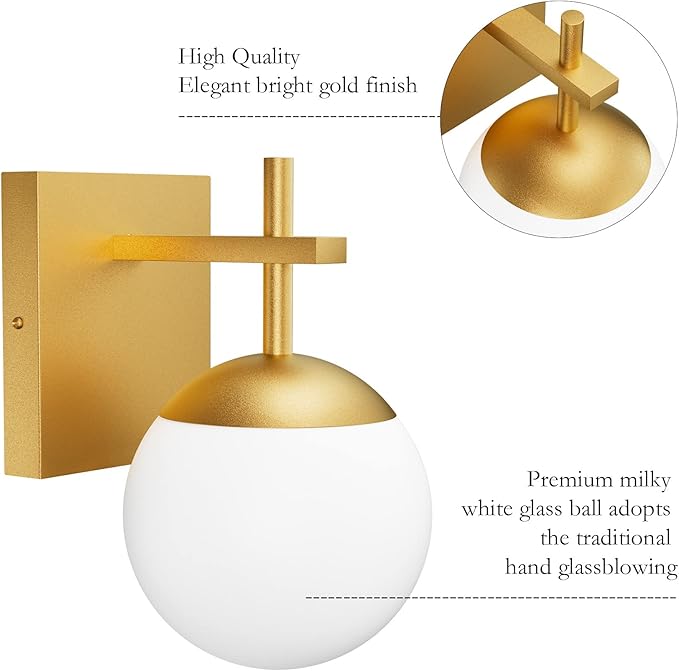 Ralbay Gold Wall Sconce, Mid Century Modern Gold Wall Light Fixtures Milky Glass Indoor Wall Lamp for Home Decor Bathroom Kitchen Living Room Vanity Hallway, Gold 1 Light (Exclude Bulb)