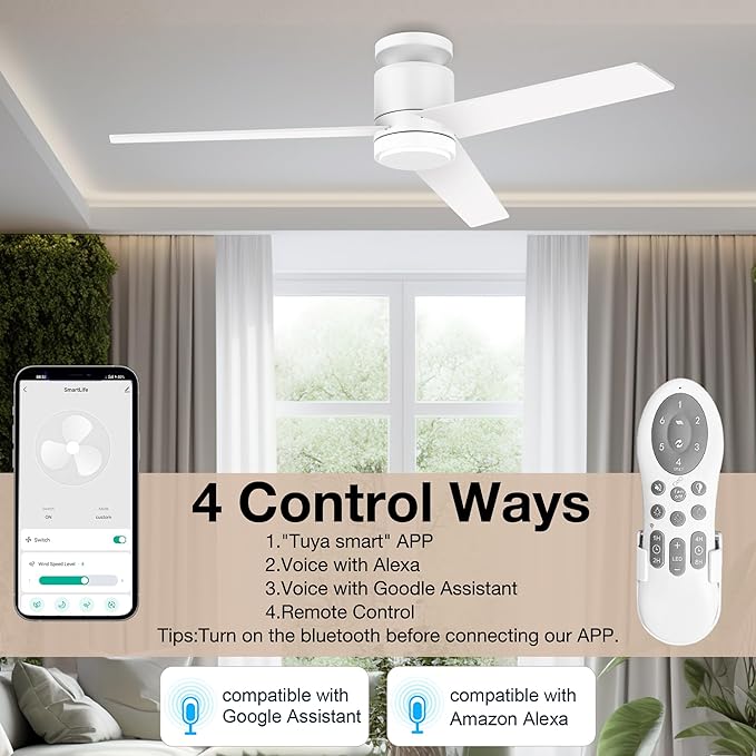 52 Inch Smart Flush Mount Ceiling Fans with Lights Remote,Quiet DC Motor,Outdoor Indoor Low Profile Ceiling Fan,Voice Control via WIFI Alexa App,Modern White Wood Ceiling fan for Bedroom Patio