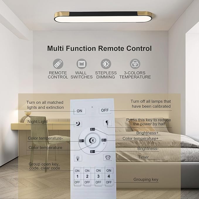 Tioolo Dimmable LED Ceiling Lights Flush Mount Ceiling Light 4FT LED Wraparound Light with Remote Linear Light Fixture for Kitchen Laundry Closet Garage Office Hallway (60W/3000-6500K)