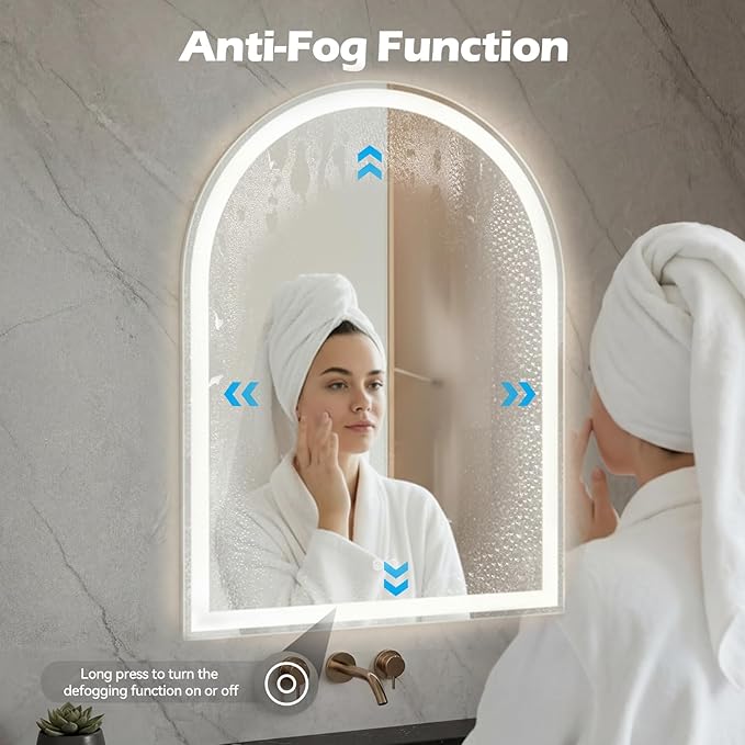 Sweetcrispy 28"×36" LED Bathroom Mirror with Lights, Arched Vanity Mirror with Anti-Fog, Dimmable, 3-Color Light, Memory Function, Tempered Glass