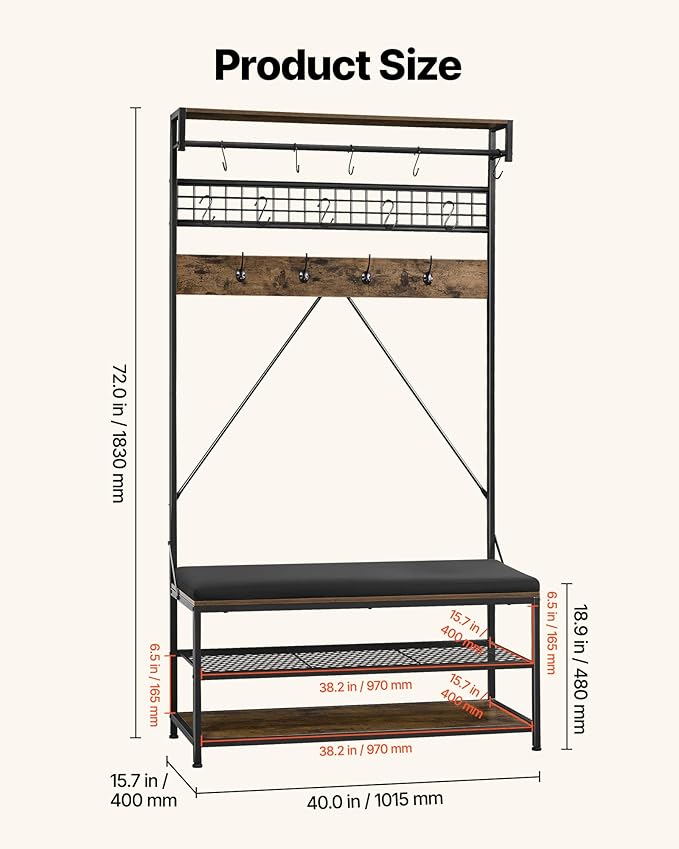 VEVOR Hall Tree with Bench and Shoe Storage, 2 Tier Entryway Bench with Coat Rack, Shoe Rack Storage Organizer with Soft Cushion, Hooks and Hanging Rod for Entryway, Hallway