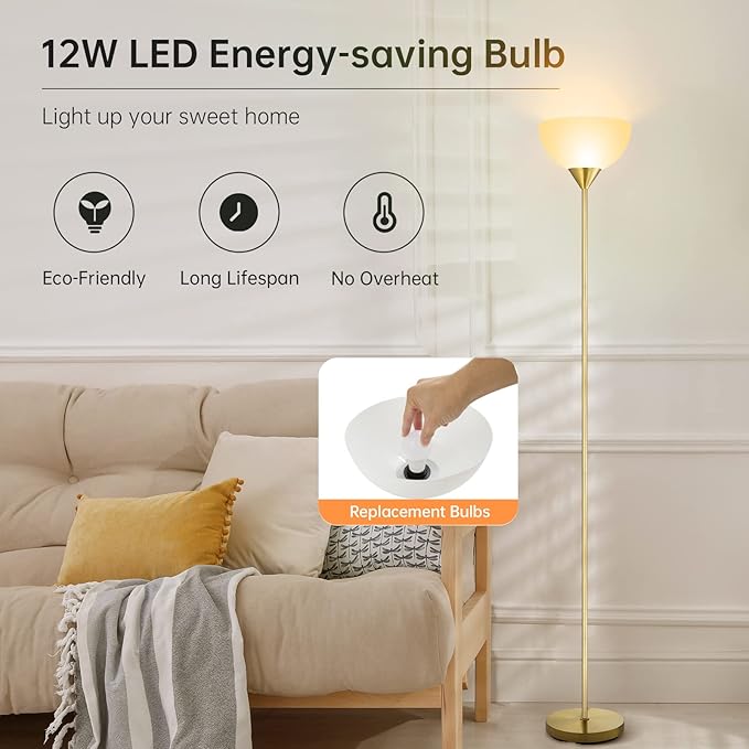 BoostArea Floor Lamp, 12W LED Standing Lamp, 70.1” Tall Lamp, Replacement LED Bulbs, 2700K Warm White, Eye-Caring, Torchiere Floor Lamps for Bedroom, Living Room, Office, Reading