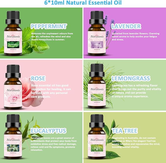 Oil Diffuser & Essential Oils Set - Oil Diffuser 150ml with 6 Essential Oils Set, Aromatherapy Cool Mist Oil Diffusers for Essential Oils, Auto Shut-Off，7 Colors Night Light,Gifts for Mom