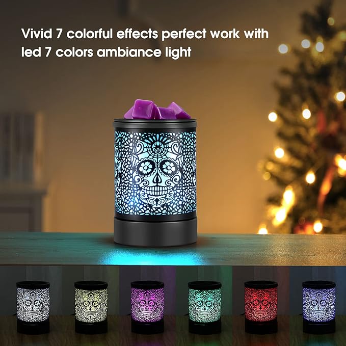 Fragrance Wax Melts Warmer with 7 Colors LED Changing Light Scent Oil Candle Warmer for Home Office-Skull Timer