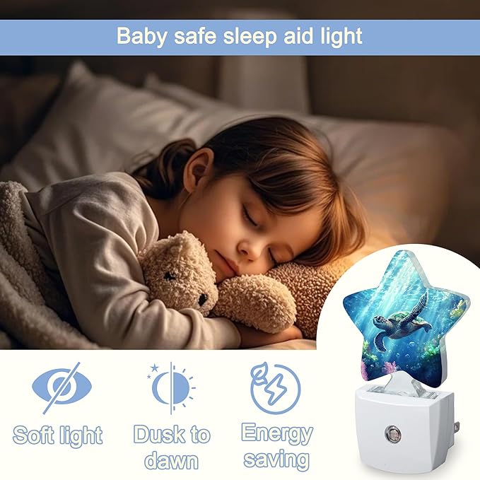 Night Light,Cute Sea Turtle Plug into Wall with Dusk to Dawn Light Sensors,Beach Ocean Coral Warm Star Nightlights for Bedroom,Bathroom,Hallway,Kitchen Home Decor Desk Lamp