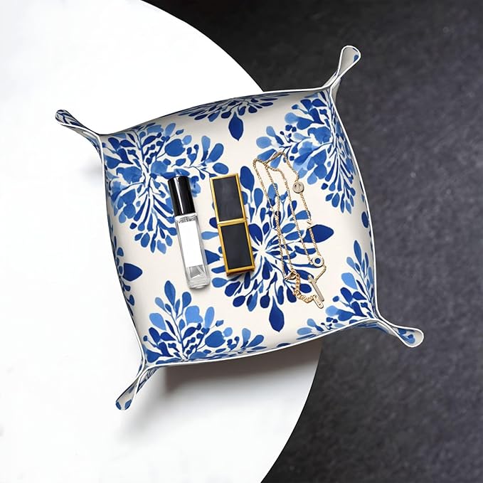 Simple Minimal Blue Floral Pattern Valet Tray Leather Portable Tray Desktop Storage Organizer Bedside for Men Women Jewelry Keys Coin Candy Sundries