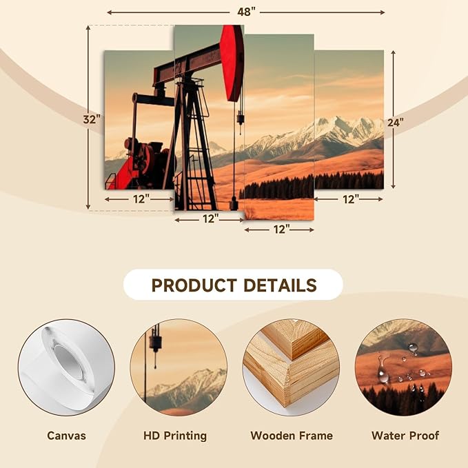 Canvas Wall Art Prints Pictures Oil Gas Pump Mountains Framed Posters Modern Wall Painting Artwork Gift Home Decor for Living Room Ready to Hang 4 Panel