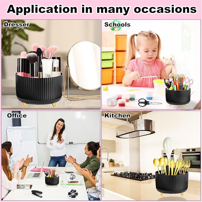 Black Desk Organizers and Accessories Set with 360-Degree Rotating Pen Holder, Tape Dispenser, Stapler, Staple Remover, 1000 Staples, Tape, Clips Set, Ruler, Scissor, Pen