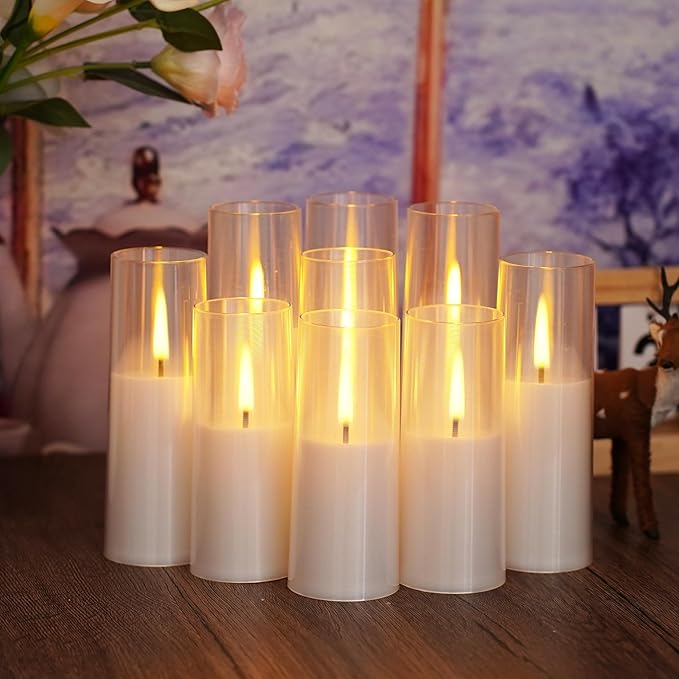 Flameless LED Candles, Upgraded Realistic 9 Pcs Flickering Flame Pillar Candles, Battery Operated Candles with Remote Timer, for Romantic Ambiance and Home Decoration (White)