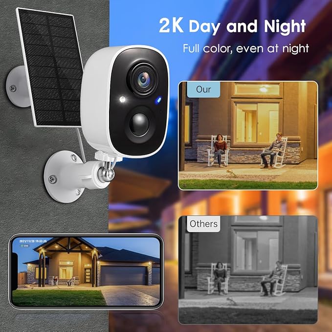 GMK Solar Security Cameras Wireless Outdoor 4 Pack, 2K Battery Powered Cameras for Home Security, Color Night Vision, Motion Detection, 2-Way Talk, IP65 Waterproof, Remote Access, Cloud/SD Storage