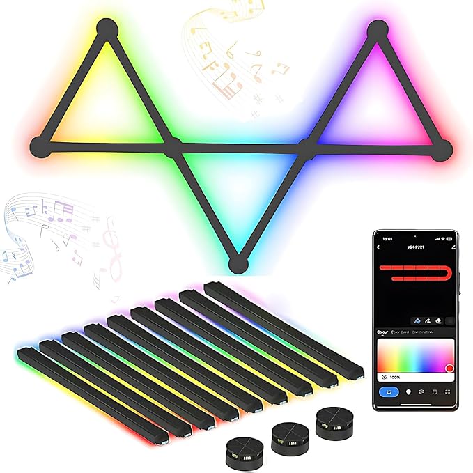 STONEBROOK Smart WiFi RGBIC LED Wall Light Bars,16M+ Colors,Music Sync,LED Wall Light Lines DIY Modular Design for Gaming Room,Home Decor,Streaming Lover,Works with Alexa & Google Assistant - 9 Pack