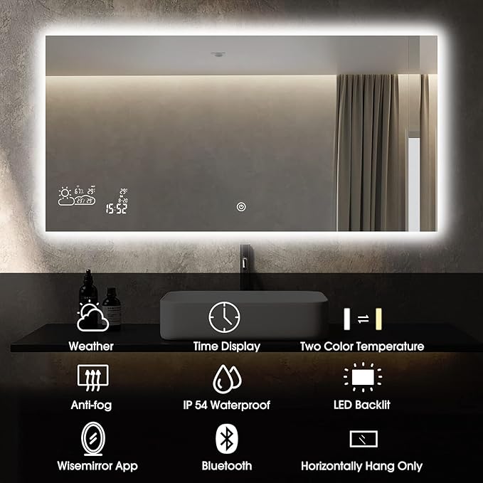 BYECOLD Smart Bathroom Mirror with Bluetooth Wi-Fi Enabled Weather Display, 48”X 24” Fog Free, LED Light Vanity Mirror Backlit Frameless Lighted Touch Sensor Makeup for Wall - Horizontally Hang Only
