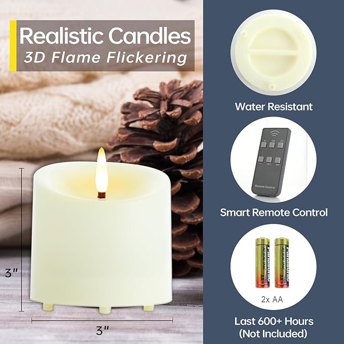 Outdoor Waterproof Flameless Candles with Timer, Remote Control Battery Operated Candles Flickering Last 600 Hours, 3"x3" Realistic Electric Fake LED Candles, Ivory Plastic, Set of 3