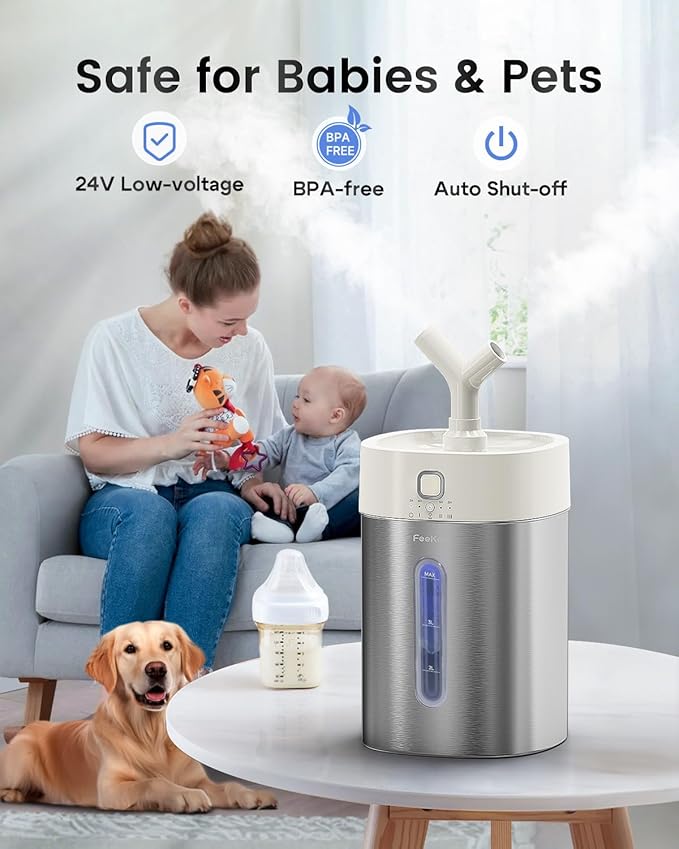 Feekaa Stainless Steel Humidifier, 3.8L/1Gal Cool Mist Humidifiers for Bedroom up to 500 sq ft, Easy Clean Dishwasher Safe Humidifiers for Baby, Humidifier Large Room Nursery Living Room Office, White