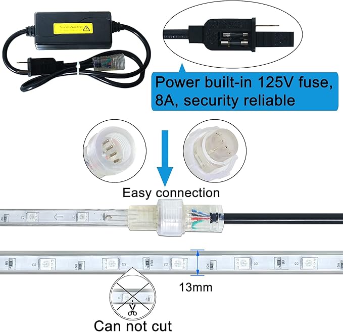 110V 8 Colors RGB Dimmable Strip Light Outdoor 131.2ft 40m Rope Lighting Kit Indoor Waterproof IP65 Connectable Flexible for Christmas Bar Boat Parties Landscape Decoration