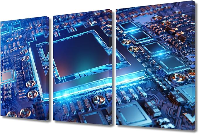 TUMOVO Home Decor Computer Processors CPU Poster Artwork Pictures Bathroom Decor Wall Art 3 Panel CPU Concept Contemporary Home Decor Print on Canvas Framed Ready to Hang (36" Wx24 H)