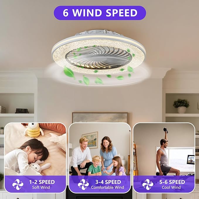 20" Modern LED Ceiling Fan Light, Smart Bladeless Ceiling Fans with Lights and Remote, RGB Bluetooth Fan Chandelier for Bedroom,Living Room, Office (23)
