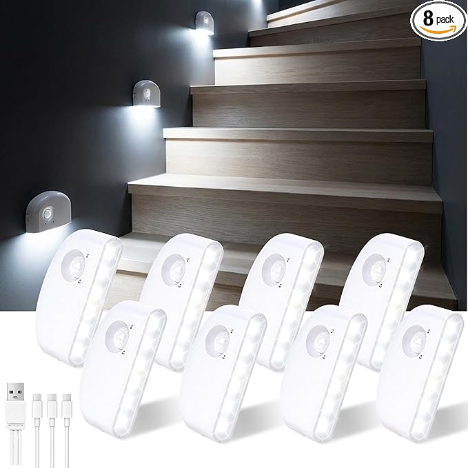 8 Pack Rechargeable Motion Sensor Stair Lights Indoor, Motion Activated Night Light Led Battery Powered Portable Automatic Wireless Stick On Lamp for Step Hallway Closet Under Cabinet