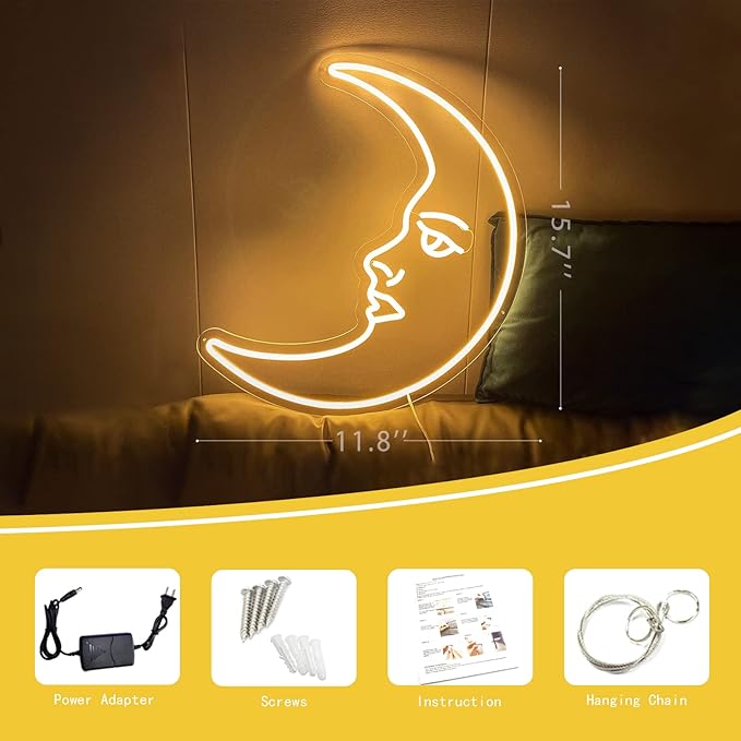 Moon Face Neon Sign Wall Decor, 3D Aesthetic Art Moon LED Sign Light, Retro Night Light, Crescent Led Sign Astronomy Lamp for Bedroom Home Bar Man Cave Parties, Housewarming Gifts - 16"