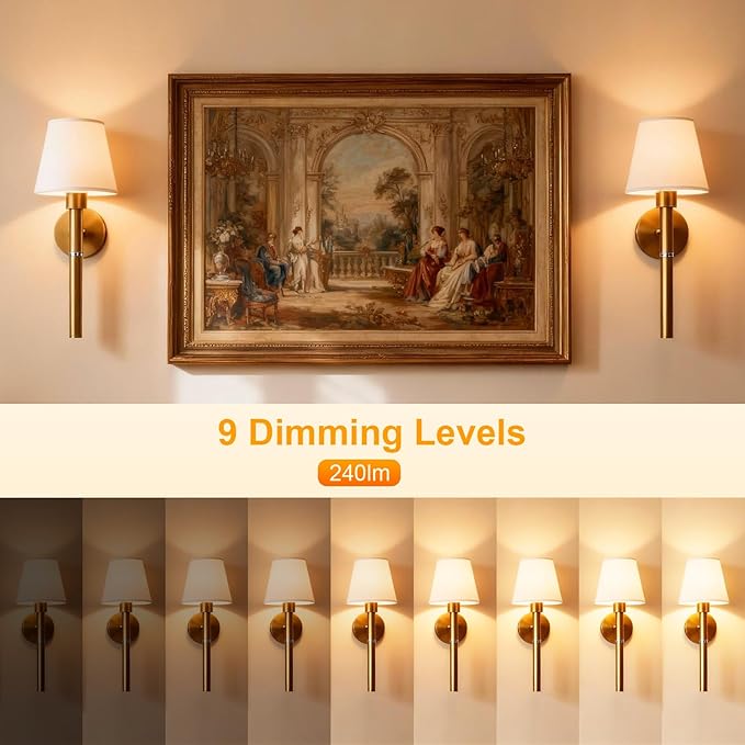 Tomshine 2 Pack Battery Operated Wall Sconces, 5200mAh Rechargeable Wireless Wall Lights with Remote, Magnetic Detachable RGB Dimmable Gold Fabric Lamp for Bedroom Living Room