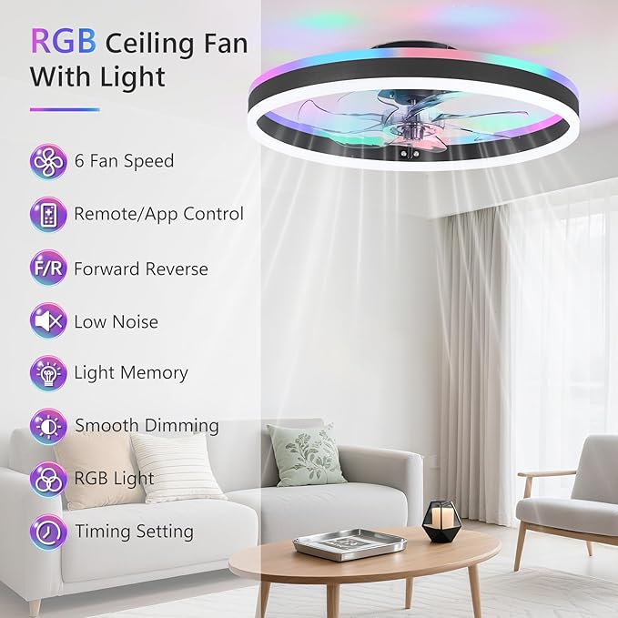 STERREN RGB Ceiling Fans with Lights, 15.7'' Modern Low Profile Ceiling Fan, Dimmable Flush Mount Ceiling Fan with Remote/APP Control, Small Fandelier for Bedroom, Living Room, Kitchen