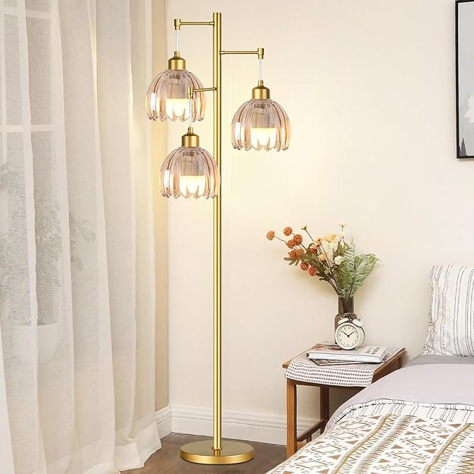 Gold Floor Lamp for Living Room,Bedroom,Tree 3 Light Standing Lamp Mid Century Modern Brass Tall Floor Lamps Vintage Retro Floor Lights Glass Flower Amber Lamp Shade Farmhouse Boho Bohemian